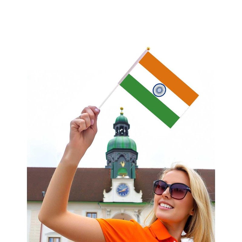 25 Packs Small India Flags on Handheld Stick，Miniature Hindi Indian