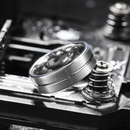 King Will Tungsten Carbide Wedding Band Ring for Men 8mm Classic Pipe Cut Thin Groove Center Brushed Men's Wedding Ring Gifts for Him Matte Finish Size 10.5