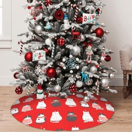 Cute Cats Kitten Red Christmas Tree Skirt 30 Inch Animal Tree Skirts Santa Mat for Mini Small Pencil Big X-mas Tree Farmhouse Ornaments Decorations