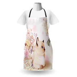 Ambesonne Cat Apron, Vintage Themed Floral Image with Kitten and Butterfly in Pastel Tones, Unisex Kitchen Bib with Adjustable Neck for Cooking Gardening, Adult Size, Multicolor