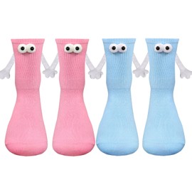 Anshome 2 Pairs Magnetic Holding Hands Socks Funny Gifts For Couples Anniversary, Best Friends Engagements, Teens-3D Eye Hand Holding Pink Blue Cute Socks Novelty Birthday Gifts for Men Women
