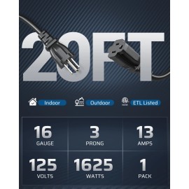 DEWENWILS Outdoor Extension Cord 20 FT, 3 Prong Indoor Outdoor 16/3 SJTW, 1 Pack