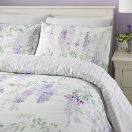Dreams & Drapes - Purple Floral Wisteria Duvet Cover - Single Bedding Size (140 x 200cm) - Reversible Design (Purple Stripe) - Easy Care & Washable - Flower Duvet Cover in Lilac/Lavender Colour