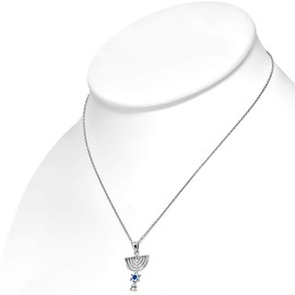 My Daily Styles 925 Sterling Silver Blue Simulated Opal Jewish Star of David Menorah Pendant Necklace, 18"