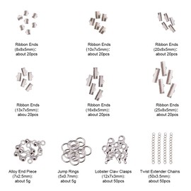 PandaHall Elite Jewellery Accessory Set Iron Ribbon End Lobster Clasp Jump Ring Junction Ring Torsion Extension Chains for Jewellery Making, Platinum
