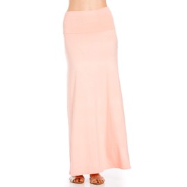Azules Maxi Skirt for Women- Elegant Long Women's Skirts- Solid Color, Soft, Stretchy, Flowy Boho Rayon- Womens High Waist Fold Over for Any Occasion - Peach, X-Large