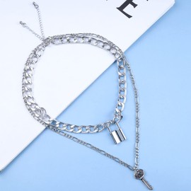 Atentuyi Punk Cuban Chunky Chain Layered Necklaces Gold Choker Lock Necklace Pendant Key Necklaces Flat Curb Link Chain Thick Chain Multilayer Collar Necklace Jewellery for Women and Girls