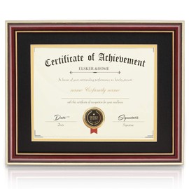 ELSKER&HOME 8.5x11Document Frame - High Gloss Reddish Brown Wood Color Frame - Made for Certificates Sized 8.5x11 Inch with Mat and 11x14 Inch Without Mat (Double Mat, Blakc with Golden Rim)