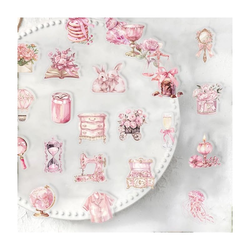50Pcs Transparent Pink Aesthetics Stickers, for Scrapbooking, Journaling, Photo Albums,