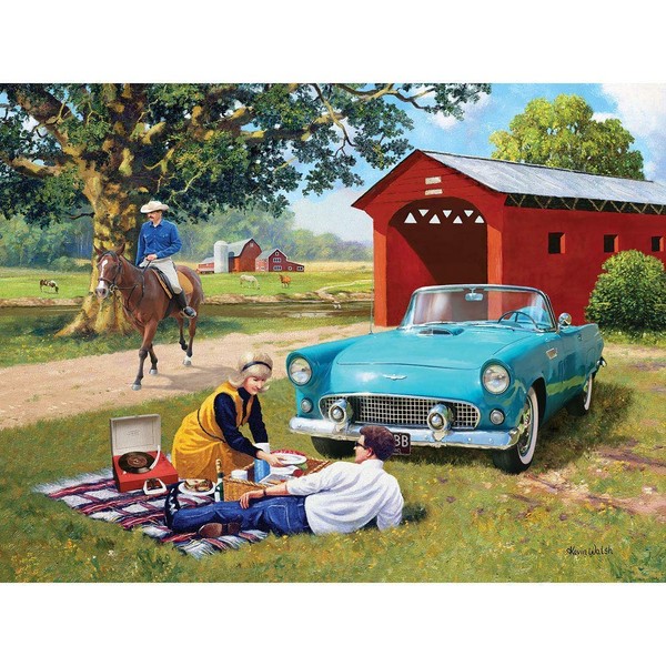 Bits and Pieces - 500 Piece Jigsaw Puzzle for Adults 18" x 24" - T Bird Summer - 500 pc Romantic Couple Picnic Country Dirt Road Horse Bridge Farm Jigsaw by Artist Kevin Walsh