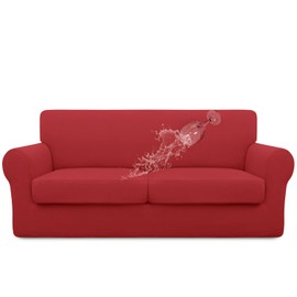 Easy-Going 100% Dual Waterproof 3 Pieces Oversized Loveseat Cover Stretch Soft Couch Cover for Dogs, Sofa Slipcover for 2 Separate Cushion Couch Leakproof Furniture Protector for Kids Christmas Red