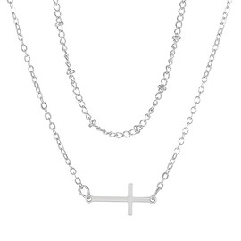 QLUYCKW Cross Pendant Layered Necklaces 14K Gold Plated Cute Faith Cross Sideways Cross Necklace for Women Minimal Everyday Jewelry Gift (Silver)