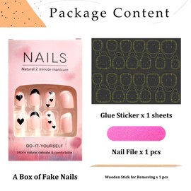 24 Pcs Heart Press on Nails Almond Shaped Fake Nails Black Heart Design Valentines Nails White Line Heart False Nails Stick on Nails for Women Girls Diy Heart False Nails Valentine's Day Nail Decor