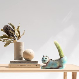 DIYOMR Cat Planter Animal Succulent Pots, Ceramic Cat Mini Flower Pots Cactus/Plants Containers for Home Office Desk Windowsill Decor, Plants Not Included (Light Blue Playful)