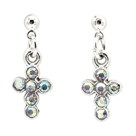 Crucifix - Tiny Cross – Iridescent Crystal Rhinestones - 13x8mm - Silver alloy charm dangle earrings with glass crystal rhinestones - 3mm Ball Stainless Steel Posts