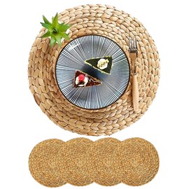 PECZEKO Set of 12 Round Seagrass Place Mats, Washable Place Mats, Boho Place Plates, Ideal for Christmas, Wedding, Kitchen Party, Heat-Resistant, 35 cm, Washable, Natural