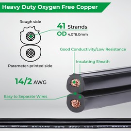 YOTIGER 14/2 Low Voltage Landscape Lighting Copper Wire 50 Feet - 14 Gauge 2 Conductor Low Voltage Wire - 14AWG Outdoor Direct Burial Electrical Wire for Accent, Path, Spot Lights, UL Listed