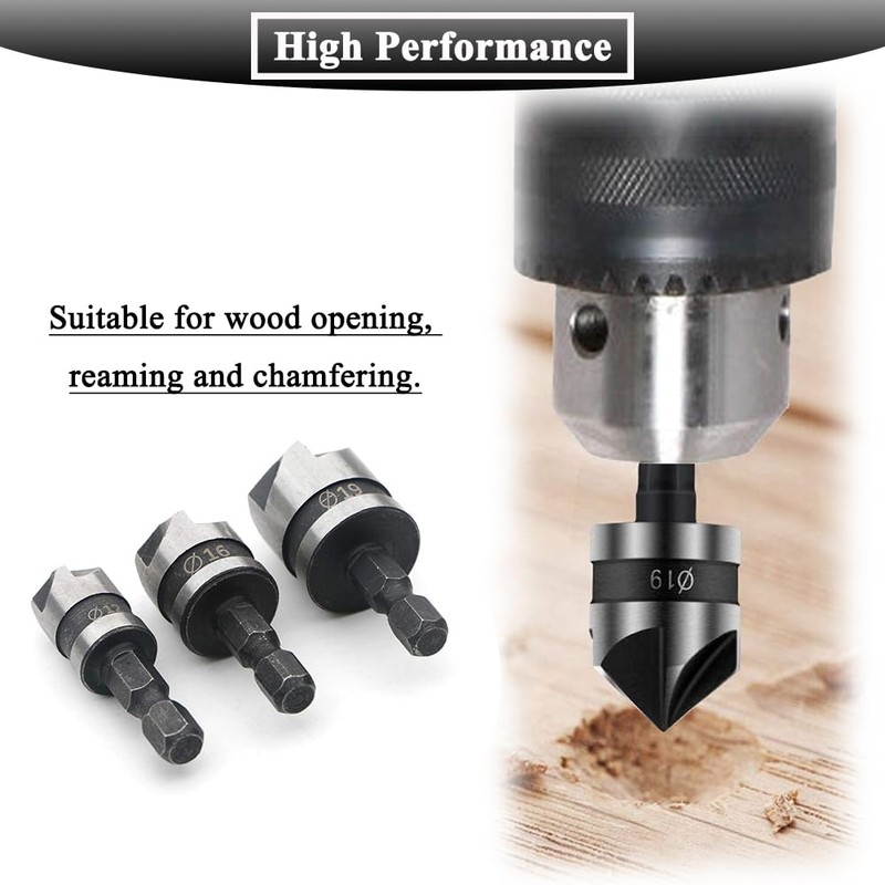 Teocpai 3Pcs Countersink Drill Bits 5 Flute 90 Degree Chamfering