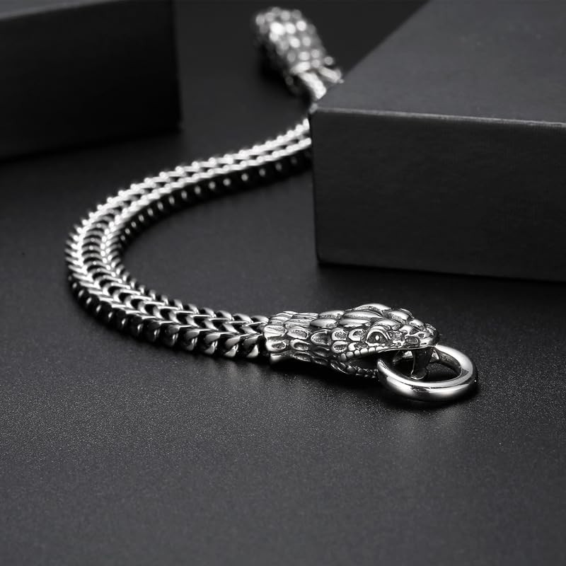 Klapgo Gothic Silver Snake Head Bracelet for Men