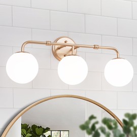 KSANA Gold Vanity Light, Modern 24.5”L Globe Bathroom Light Fixture Over Mirror, 3-Light Wall Mount Sconce Lighting with Frosted Glass