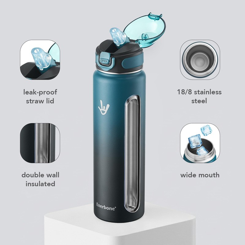 32 oz Insulated Water Bottle, 32oz 2 Lids (with Straw/No