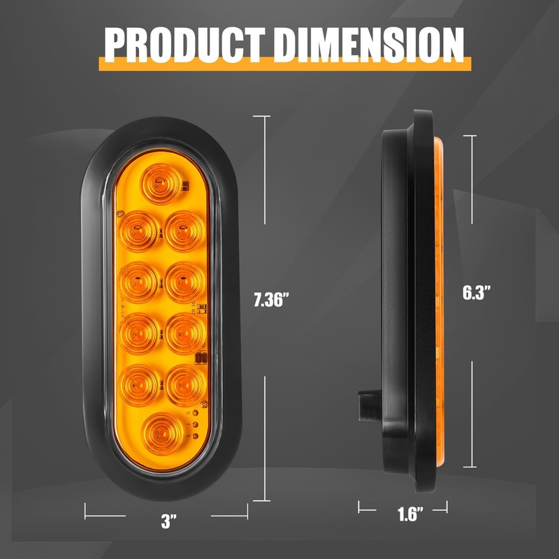 6PCS Amber LED Oval Tail Trailer Lights, 6 inch LED