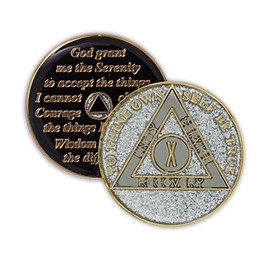 10 Year Sobriety Coin | Glitter Triplate AA Chip Recovery Anniversary Token (Silver)