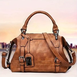 Vintage Boston Leather Shoulder Bag – Detachable Adjustable Strap with Buckle Accents - Color: pink