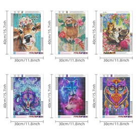 SupLetsico 6 Pack 5D Animal Diamond Painting Kits, DIY Diamond Art Kit for Adults, Full Drill Diamond Art for Home Wall Decor 30 x 40cm(Owl Cattle Wolf Sloth Leopard Cat)