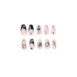 BABALAL Coffin Press on Nails Medium Fake Nails Black Glue on Nails French Ballerina Acrylic Nails with Star Design Stick on Nails for Women and Girls 24Pcs