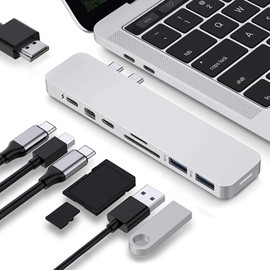 8-in-2 MacBook Pro Multiport Adapter | USB Type C Hub | 2x USB-C to 4K HDMI, 4K Mini Displayport, 2X USBC, SD, MicroSD, 2X USB-A 3.1 | by Hyperdrive | Silver