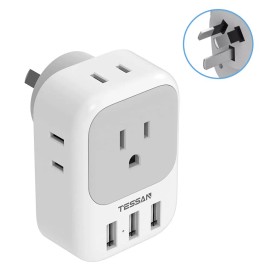 Tessan Australia Power Plug Adapter with 4 American Outlet 3 USB for US to New Zealand