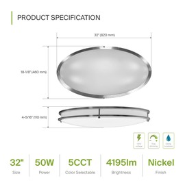 ASD LED 32" Oval Flush Mount Lighting, Close to Ceiling Light Fixture | 5CCT, Dimmable, ETL Listed | 50W 3960LM 2700-5000K 120V | Low Profile Double Ring Lamp | Nickel