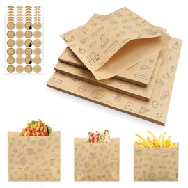 LELELIFE Papier-Sandwichbeutel, fettdicht, 3 Größen, flach, braun, mit Siegelaufklebern, ideal für Toast, Leckereien, Kekse, Gebäck, Burger, Mittagessen, 150 Stück