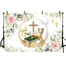 AIBIIN 7x5ft Mi Primera Comunión Backdrop Baptism Backdrop Decorations First Communion Decorations Primera Comunion Decoraciones Pink Floral Pampas Photo Studio Props