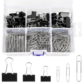 SANNIX 500Pcs Paper Clips and Binder Clips Assorted Sizes, Silver Paper Clips Black Binder Clips with Large Medium Small Size in Container for Office Home School Supplies Document Organizing