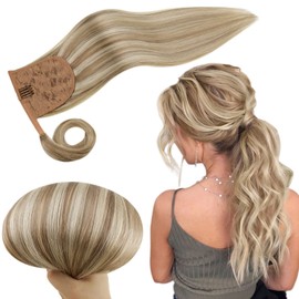 RUNATURE Real Hair Ponytail Extension Blonde Highlighted Ash Brown Ponytail Human Hair Extensions Clip in Ponytail Hair Extensions Straight 14 Inch 70 Gram