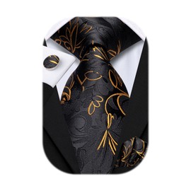 Hi-Tie Mens Black Gold Tie and Handkerchief Set Silk Floral Necktie Pocket Square Cuff-links Sets Wedding Business Holiday