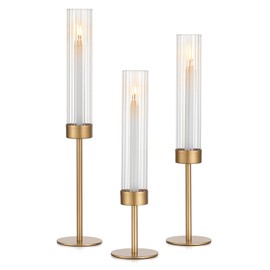 Glasseam Glass Hurricane Candle Holder: Gold Candlestick Holders Set of 3 Modern Taper Candle Holders with Ribbed Glass Cylinder Cover Tall Candleholder for Table Centerpiece Christmas Wedding Outdoor