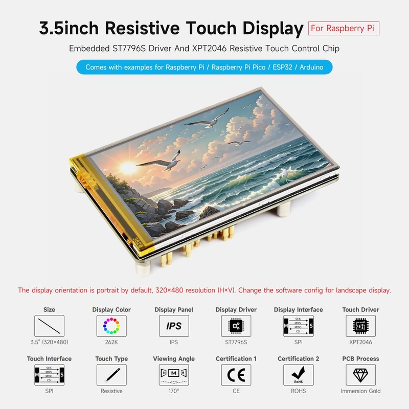 Waveshare 3.5 inch Resistive Touch Display (G) for Raspberry Pi,
