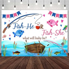 AIBIIN 7x5ft Fishing Gender Reveal Backdrop Fish He Or Fish She What Will Baby Be Photography Background Gone Fishing Blue Pink Boy or Girl Gender Reveal Party Decorations Banner Photo Studio Props