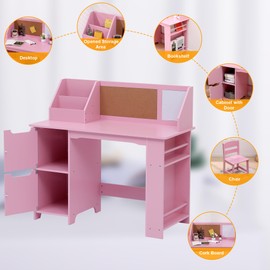 GarveeHome Kids Study Desk and Chair Set, Wooden School Learning Table with Storage, Hutch and Bulletin Board, Children Computer Desk with Chair, Small Toddler Desk for Home, School, Pink