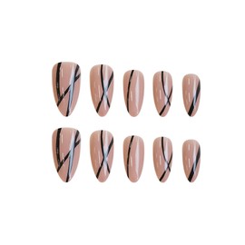 SINHOT Stiletto Press on Nails Long - Black Stripes Fake Nails Glossy Glue on Nails Acrylic Nail Supplies Almond Artificial Nail Art Nude Natural Stick on False Nail with Design DIY 24 pcs
