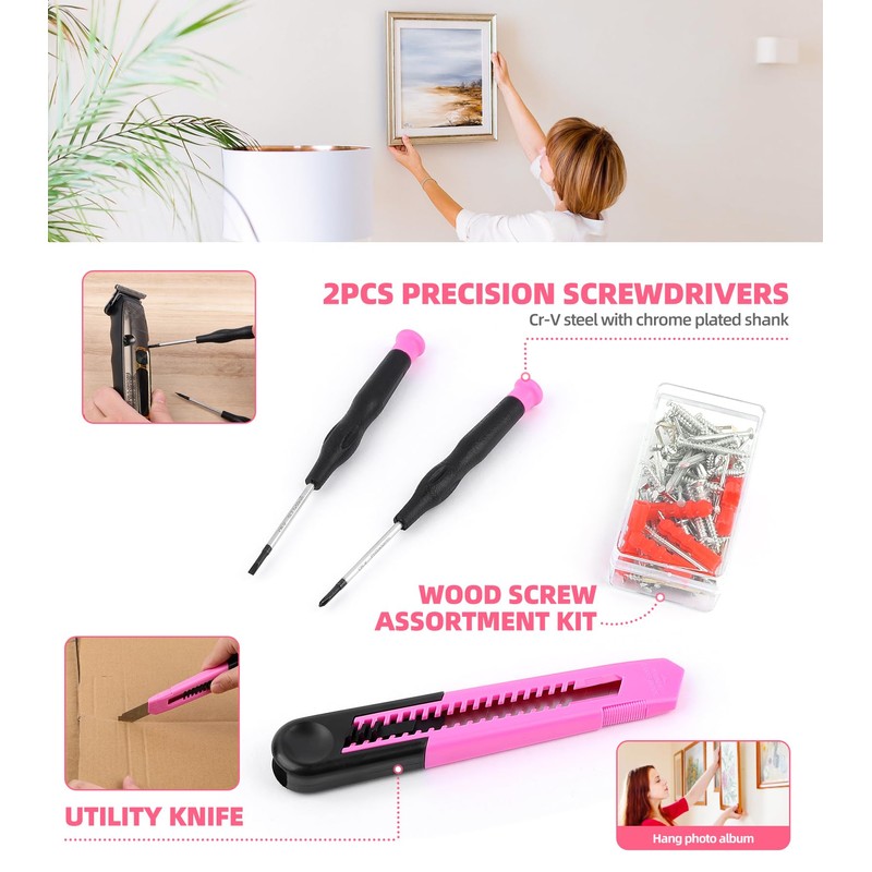 DOWELL 116Pcs Pink Tool Kit with 3.6V USB Cordless Screwdriver,