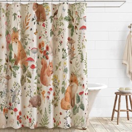Jimuzi Rustic Botanical Shower Curtain Wildlife Forest Animals and Plants Fabric Shower Curtain Set with Hooks, Woodland Cabin Lodge Shower Curtains for Bathroom, 71x71 Cute Bath Curtain