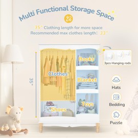 Curipeer Kids Dress Up Storage with Flower Mirror & Wood Legs, Open Hanging Closet Wardrobe for Children, Kids Armoire & Costume Organizer for Bedroom Playroom,White