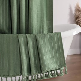 Seasonwood Sage Green Boho Shower Curtain with Tassel 72" W x 72" L Farmhouse Striped Shower Curtains for Bathroom Fabric Shower Curtains Bath Decor