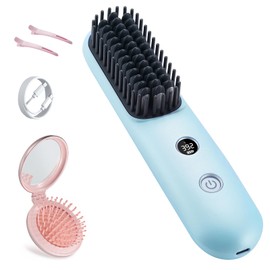 STUDLLY LCD Screen Cordless Hair Straightener Curler 2 in 1, Portable Mini Hair Straightening Brush for Travel Negative Ionic Fast Heating Hot Comb for Women, Folding Brush with Mirror, Blue
