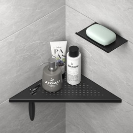 Bernkot 10'' Corner Shower Shelf w/Soap Holder, 304 Stainless Steel Grout in Shelf for Bathroom, Recessed Shelf Rack for Tiled Wall, No Drilling Needed (Black)