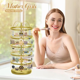 MODOWEY Rotating Earring Holder Organizer Stand, 5 Tier Metal Tree Display for Women Vendors, 220 Holes Adjustable Jewelry rack for Stud Hoop Dangle Storage, Trendy Carousel Keeps Dresser Neat, Gold